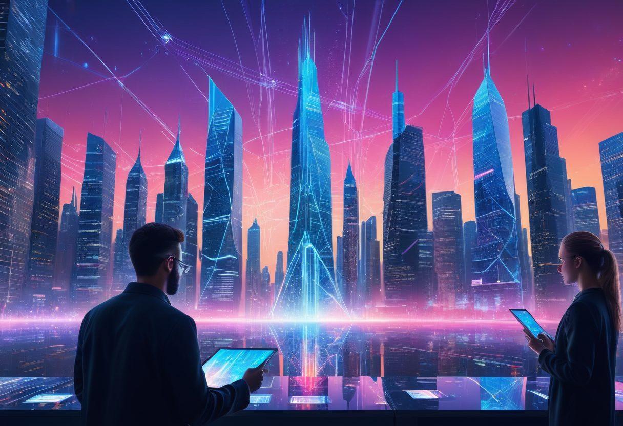 A futuristic cityscape with towering digital skyscrapers made of computer code and web icons, symbolizing the digital world. In the foreground, people are collaboratively building digital platforms on holographic tablets, representing web services and hosting solutions. The sky above is filled with bright, interconnected data streams, showcasing the power and connectivity of an online presence. super-realistic. vibrant colors. digital art.